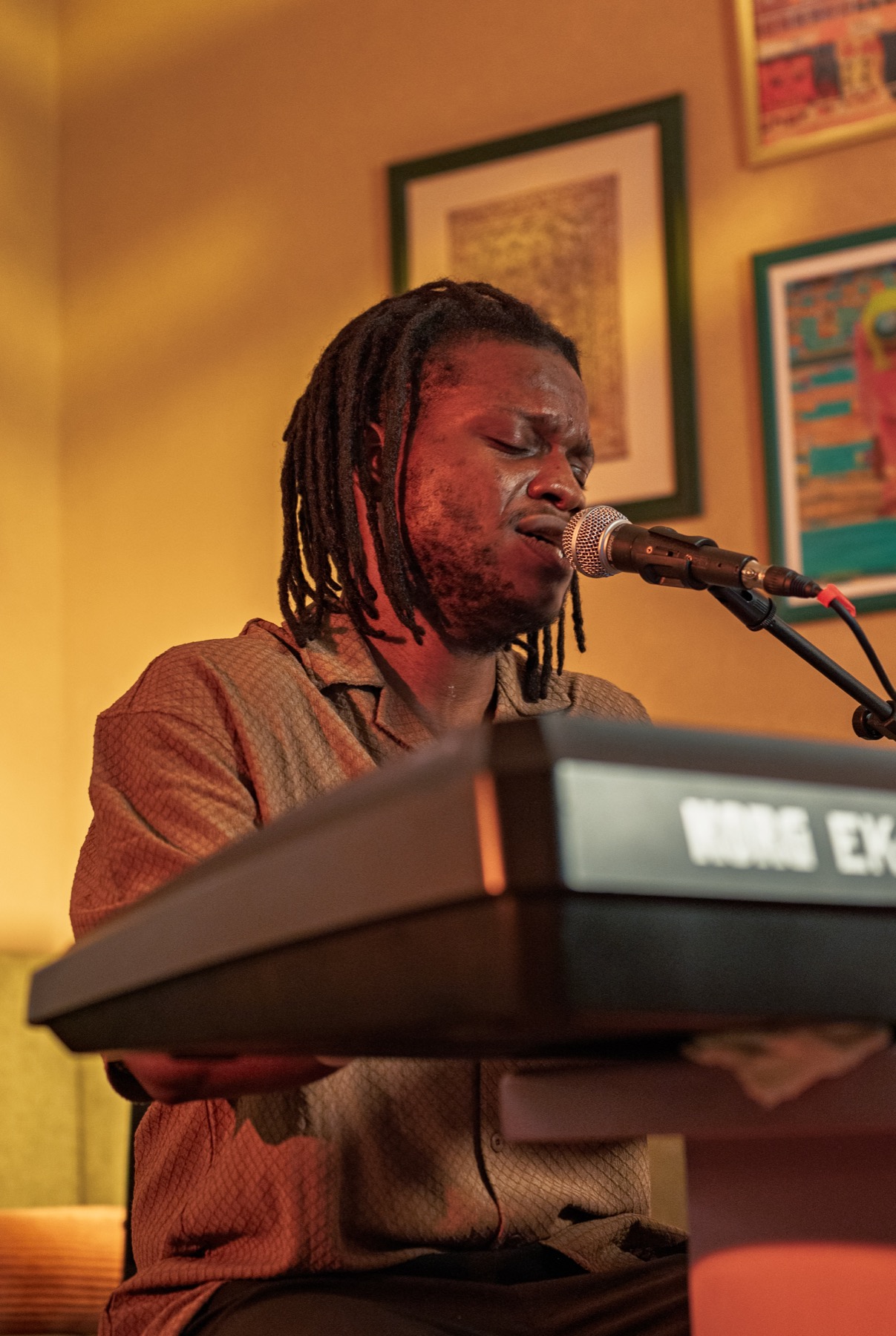 A musician singing and playing keyboard live